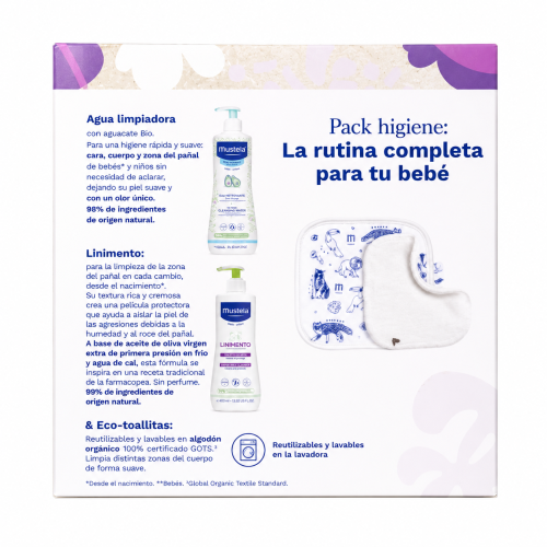 Pack Higiene Mustela para Bebé – Agua Limpiadora + Linimento + Eco-Toallitas Reutilizables