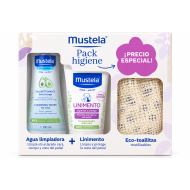 Pack Higiene Mustela para bebé con agua limpiadora, linimento y eco-toallitas reutilizables de algodón orgánico