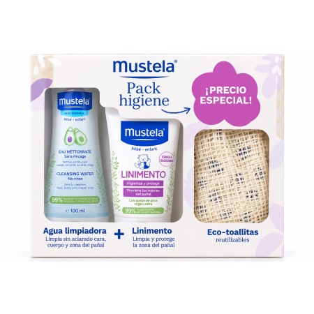 Pack Higiene Mustela para bebé con agua limpiadora, linimento y eco-toallitas reutilizables de algodón orgánico