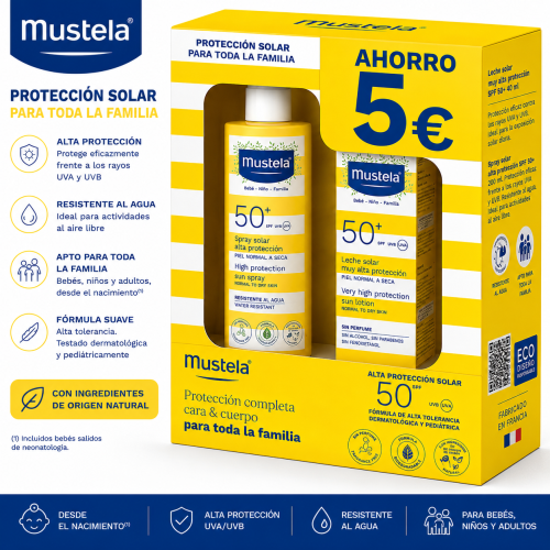 Pack Solar Mustela SPF50+ Spray 200ml + Leche Facial 40ml | Protección Bebé