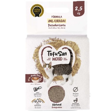 TofuSan Wood Lecho Vegetal de Fibra de Madera Aroma Café 2,5 kg | Arena para Gatos Ultra Aglomerante, Biodegradable y Sin Polvo