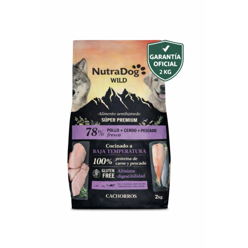 NutraDog WILD Cachorros Pollo, Cerdo y Pescado 2 kg | Alimento Semihúmedo 78% Carne y Pescado Sin Hidratos de Carbono