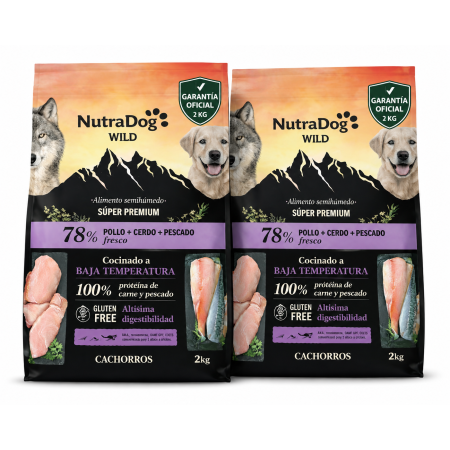 NutraDog WILD Alimento semihúmedo para cachorros pollo, cerdo y pescado.Pack 2 x 2 kg con Garantia Oficial