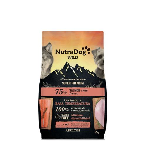 NutraDog WILD Alimento semihúmedo para perros adultos salmón y pavo. Pack 2 x2 kg con Garantia Oficial
