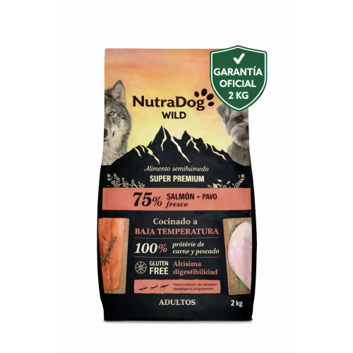 NutraDog WILD Semihúmedo Salmón y Pavo 2 kg | 75% Carne y Pescado Sin Hidratos de Carbono para Perros Adultos