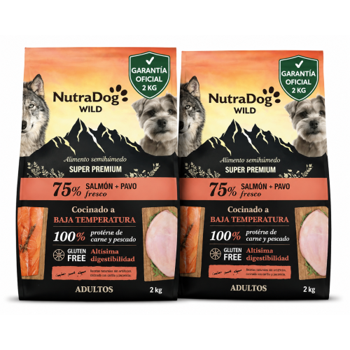 NutraDog WILD Semihúmedo Salmón y Pavo 4 kg | 75% Carne y Pescado Sin Hidratos de Carbono para Perros Adultos