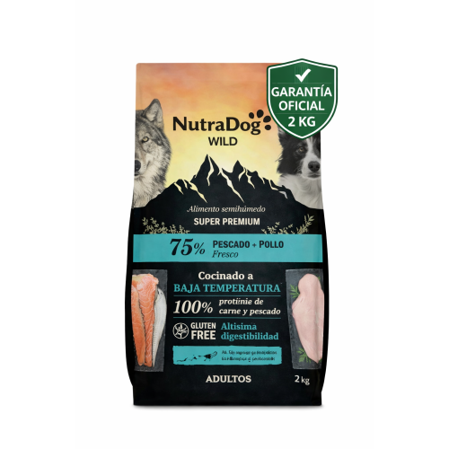 NutraDog WILD Semihúmedo Pescado y Pollo 2 kg | 75% Carne y Pescado Sin Hidratos de Carbono para Perros Adultos