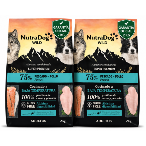 NutraDog WILD Alimento semihúmedo para perros adultos pescado y pollo. Pack 2 x 2 kg con Garantia Oficial