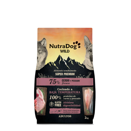 NutraDog WILD Alimento semihúmedo para perros adultos cerdo y pescado. Pack 2 x 2 kg con Garantia Oficial