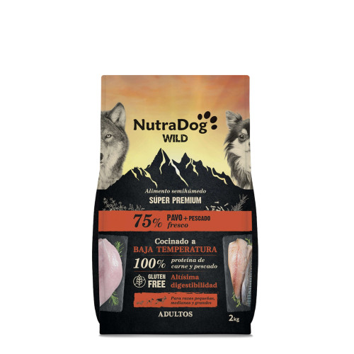 NutraDog WILD Alimento semihúmedo para perros adultos pavo y pescado. Pack 2 x 2 kg con Garantia Oficial