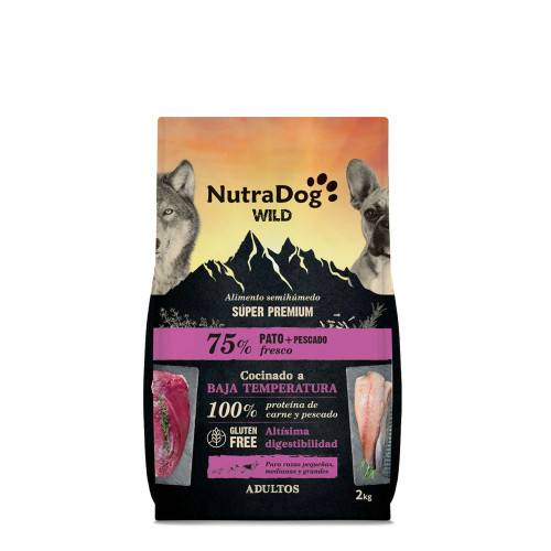 NutraDog WILD Alimento semihúmedo para perros adultos pato y pescado. Pack 2 x 2 kg con Garantia Oficial