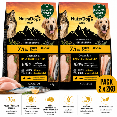 NutraDog WILD Alimento Semihúmedo 75% Pollo y Pescado Pack 2 x 2 kg con Garantía Oficial
