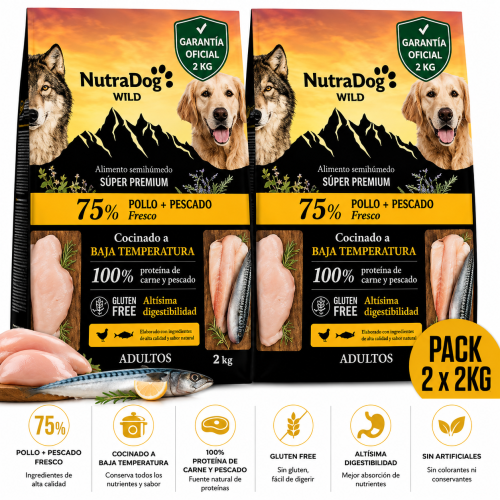 NutraDog WILD Alimento Semihúmedo 75% Pollo y Pescado Pack 2 x 2 kg con Garantía Oficial