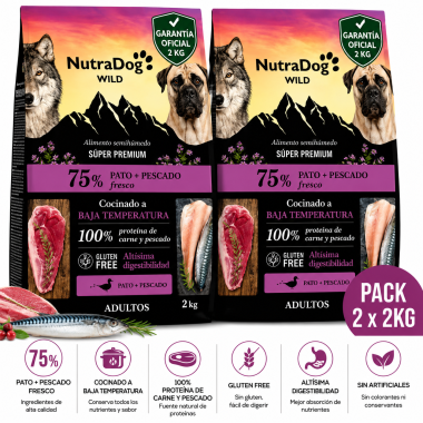 NutraDog WILD Alimento semihúmedo para perros adultos pato y pescado. Pack 2 x 2 kg con Garantia Oficial