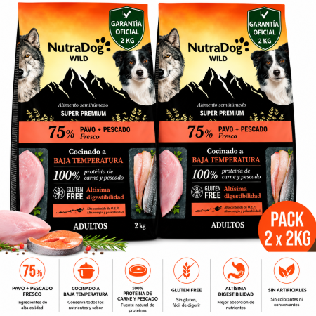 NutraDog WILD Alimento semihúmedo para perros adultos pavo y pescado. Pack 2 x 2 kg con Garantia Oficial