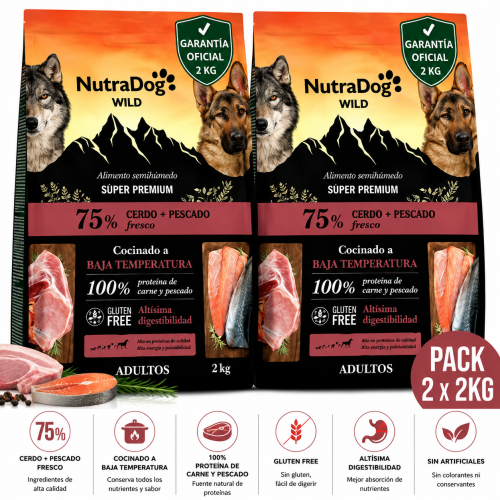 NutraDog WILD Alimento semihúmedo para perros adultos cerdo y pescado. Pack 2 x 2 kg con Garantia Oficial