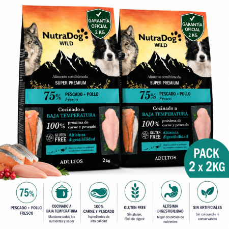 NutraDog WILD Alimento semihúmedo para perros adultos pescado y pollo. Pack 2 x 2 kg con Garantia Oficial