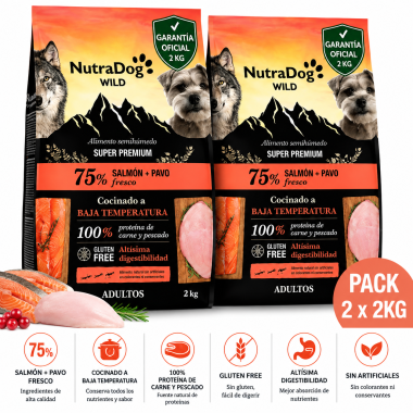 NutraDog WILD Alimento semihúmedo para perros adultos salmón y pavo. Pack 2 x2 kg con Garantia Oficial