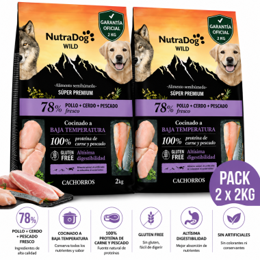 NutraDog WILD Alimento semihúmedo para cachorros pollo, cerdo y pescado.Pack 2 x 2 kg con Garantia Oficial