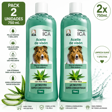 Champú para Perros con Aceite de Visón y Aloe Vera Pack 2 x 750 ml; para un Pelaje Suave y Brillante ICA