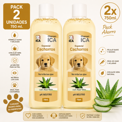 Champú Especial Cachorros con Aloe Vera Pack 2 x 750 ml |ICA , pH Neutro, No Irrita los Ojos
