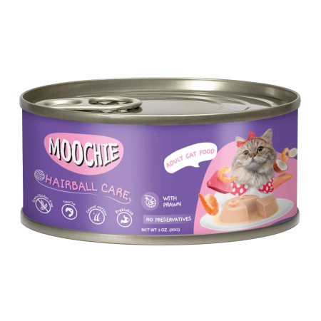 MOOCHIE Hairball Care con Gamba para Gatos Adultos – Pack 12 Latas x 85 g | Paté Húmedo para el Control de Bolas de Pelo