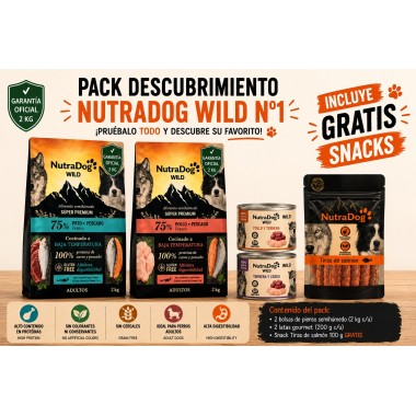 Pack Descubrimiento NutraDog WILD – 4 kg Pienso Semihúmedo + 2 Latas Gourmet + Snack Pato GRATIS