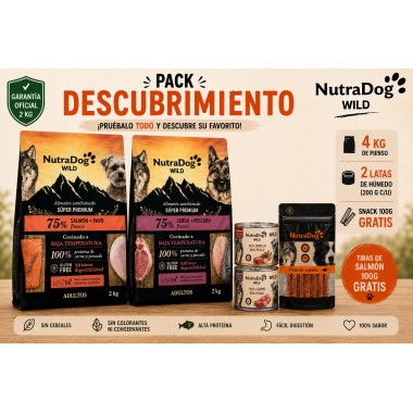 Pack Descubrimiento NutraDog WILD – 4 kg Pienso Semihúmedo + 2 Latas Gourmet + Snack Salmón GRATIS