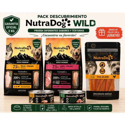Pack Descubrimiento NutraDog WILD – 4 kg Pienso Semihúmedo + 2 Latas Gourmet + Snack Pollo GRATIS