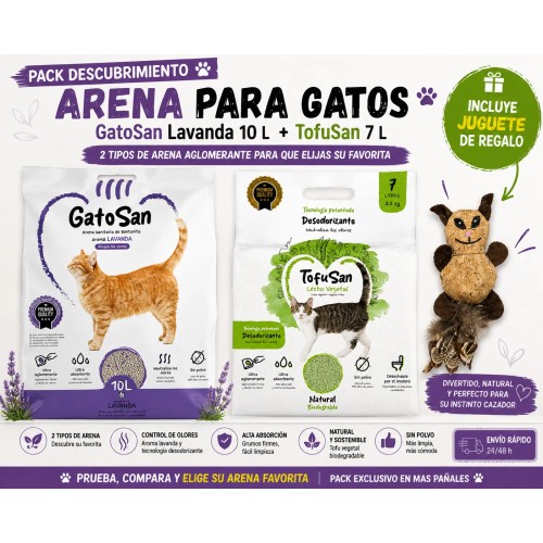 Pack Descubrimiento Arena para Gatos – TofuSan 7 L + GatoSan Lavanda 10 L + Juguete de Regalo