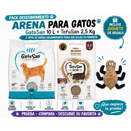 Pack Descubrimiento Arena para Gatos – TofuSan Café 7 L + GatoSan Talco 10 L + Juguete de Regalo