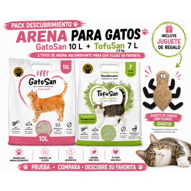 Pack Descubrimiento arena para gatos con GatoSan Sin Perfume 10 L, TofuSan Lecho Vegetal 7 L y juguete de corcho gratis.