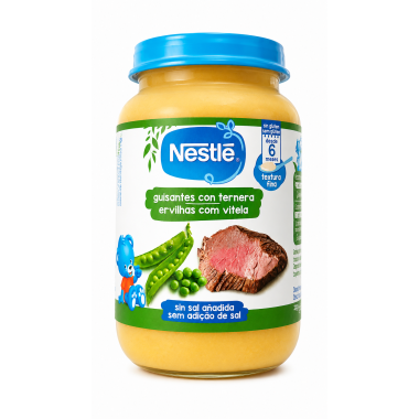 Tarrito Nestlé Guisantes con Ternera 230 g para bebés desde 6 meses, textura fina, sin gluten y sin sal añadida.