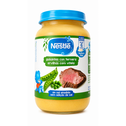 Tarrito Nestlé Guisantes con Ternera 230 g para bebés desde 6 meses, textura fina, sin gluten y sin sal añadida.