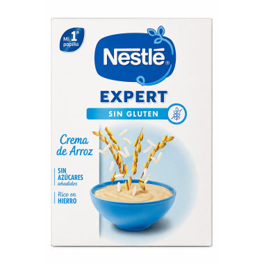 Nestlé Expert Crema de Arroz Sin Gluten para bebés desde 6 meses, sin azúcares añadidos, rica en hierro y sin leche ni lactosa.