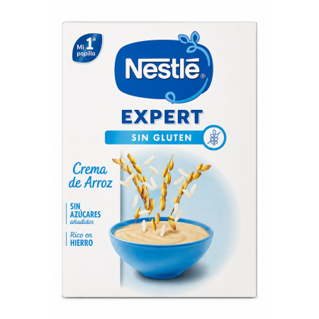 Nestlé Expert Crema de Arroz Sin Gluten para bebés desde 6 meses, sin azúcares añadidos, rica en hierro y sin leche ni lactosa.