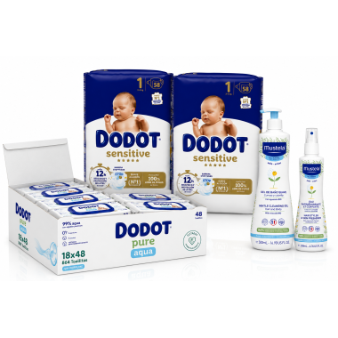 Pack Súper Ahorro: Pañales dodot sensitive  talla 1 + Toallitas Dodot Pure + Gel de baño Mustela + Colonia Mustela