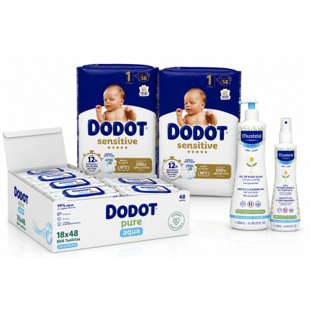 Pack Súper Ahorro: Pañales dodot sensitive  talla 1 + Toallitas Dodot Pure + Gel de baño Mustela + Colonia Mustela