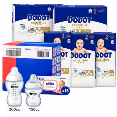 Pack Súper Ahorro: Pañales Dodot Sensitive Talla 1 + Talla 2 + Toallitas Sensitive + Biberones y Cepillo Tommee Tippee