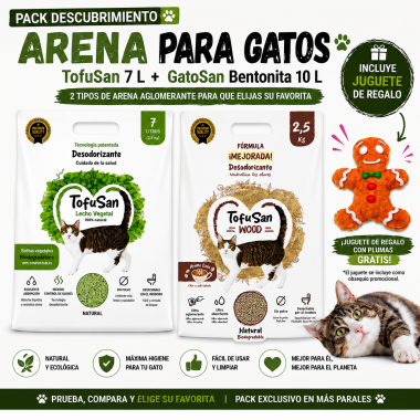 Pack Descubrimiento Arena para Gatos – TofuSan Café 7 L + GatoSan Manzana 10 L + Juguete de Regalo