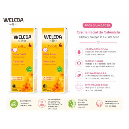 Duplo Crema Facial de Caléndula 2x50 ml Weleda –Hidratante y Protectora para la Piel Delicada del Bebé – Cosmética Natural