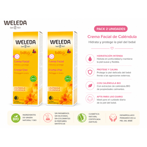 Duplo Crema Facial de Caléndula 2x50 ml Weleda –Hidratante y Protectora para la Piel Delicada del Bebé – Cosmética Natural