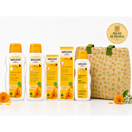 Pack Completo Weleda Baby – 5 Productos de Cuidado con Caléndula + Bolsa Floral para Carrito de Regalo