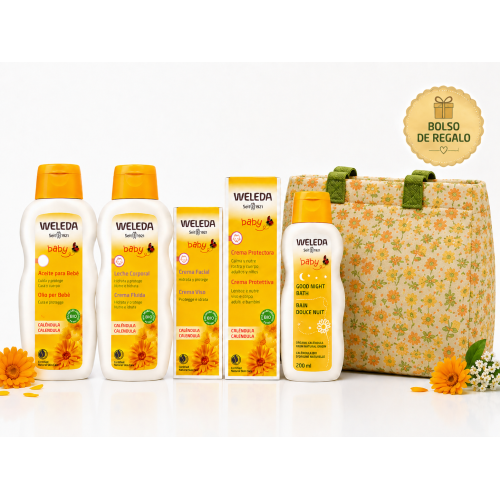 Pack Completo Weleda Baby – 5 Productos de Cuidado con Caléndula + Bolsa Floral para Carrito de Regalo