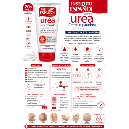 Crema de Manos con Urea 20% 75 ml Instituto Español | Ultra Hidratación para Piel Seca y Áspera