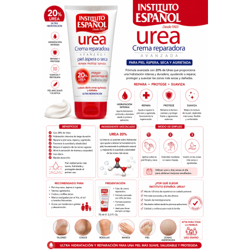 Crema de Manos con Urea 20% 75 ml Instituto Español | Ultra Hidratación para Piel Seca y Áspera