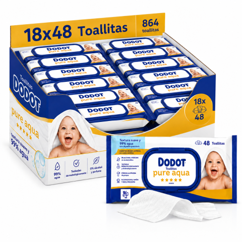 Toallitas Dodot Pure Aqua con Tapita Pack Ahorro 864 Uds (18x48) – Nuevo Formato Más Grueso y Resistente