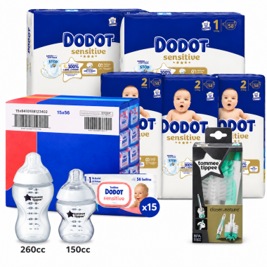 Pack Dodot Sensitive Tallas 1 y 2 con 290 pañales, 840 toallitas, 2 biberones y cepillo limpiabiberones Tommee Tippee
