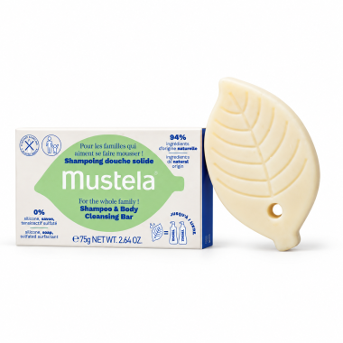 Champú sólido Mustela para cabello y cuerpo 2 en 1 con aceites de aguacate y oliva BIO, pastilla de 75 g