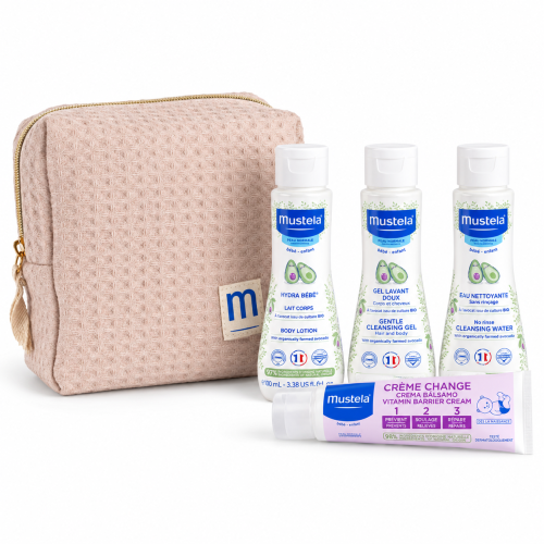 Neceser Mustela Beige con 4 Productos de Viaje para Bebé
